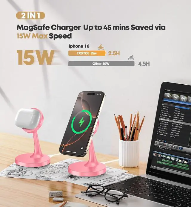 Alt view image 3 of 7 - Magnetic Wireless Charger iPhone Stand, 15W Fast Mag-Safe Charger iPhone 17/17 Air/17 Pro/17 Pro Max 16/15/14/13/12 Series Magnet Wireless Charging Station/Pad/AirPods for Home, Office, Travel