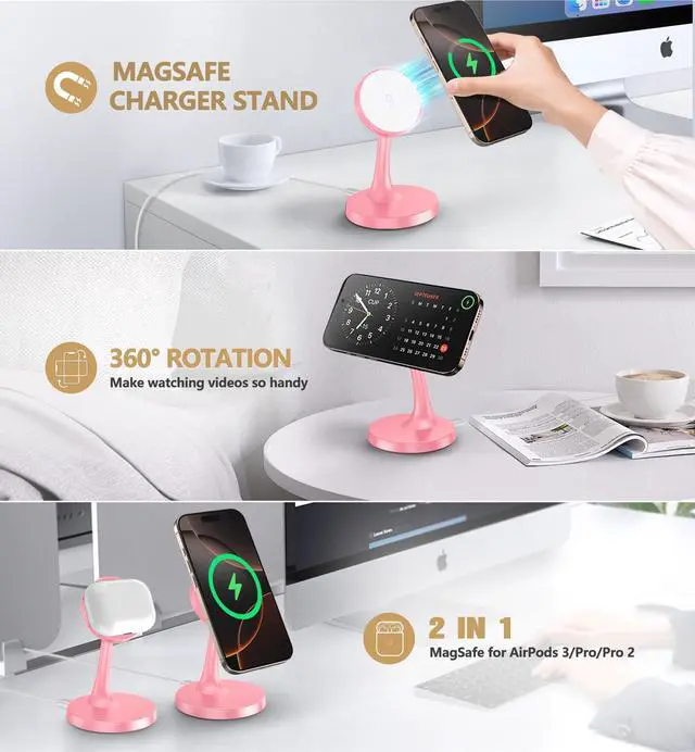 Alt view image 5 of 7 - Magnetic Wireless Charger iPhone Stand, 15W Fast Mag-Safe Charger iPhone 17/17 Air/17 Pro/17 Pro Max 16/15/14/13/12 Series Magnet Wireless Charging Station/Pad/AirPods for Home, Office, Travel