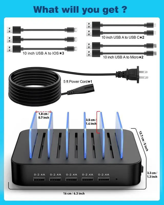 Alt view image 7 of 7 - Charging Station for Multiple Devices : 5 Port Multi USB-A Charger Stations Multi-Device Organizer Charging Dock Designed for iPhone iPad Cell Phone Tablets (7 Short Cables Included), Black