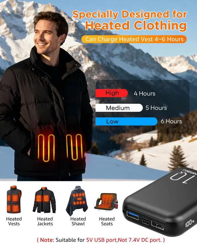 Alt view image 3 of 7 - 5v 2a Heated Vest Battery Pack, 10000mah LCD Display Power Bank for Heated Jacket,Heated Coat,Heated Clothing,Heated Pant,Heated Hoodie,USB Heated Blanket,Heated Seat/Chair.