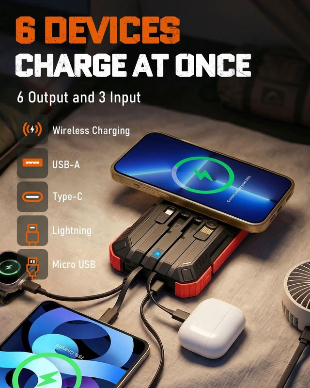 Alt view image 2 of 7 - Solar Charger Power Bank - 49800mAh QC3.0 Fast Charging Portable Charger | 5V/3.1A Wireless Solar Battery Charger Built-in 4 Cables with USB C & Flashlight, Power 6 Devices for iPhone/Android