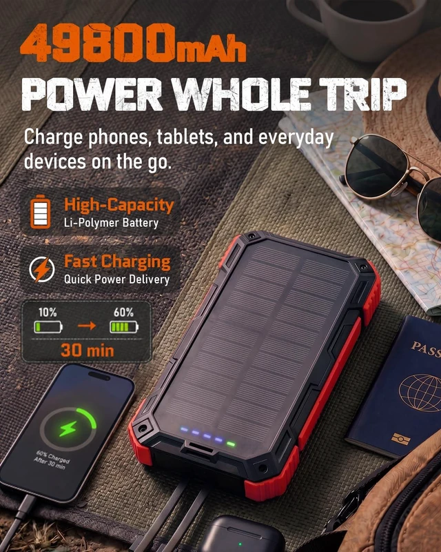 Alt view image 3 of 7 - Solar Charger Power Bank - 49800mAh QC3.0 Fast Charging Portable Charger | 5V/3.1A Wireless Solar Battery Charger Built-in 4 Cables with USB C & Flashlight, Power 6 Devices for iPhone/Android
