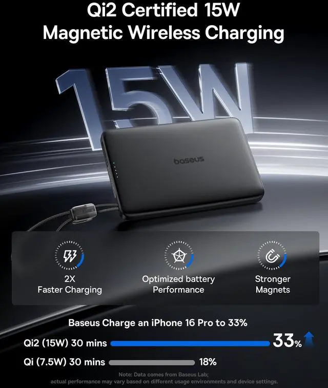 Alt view image 3 of 7 - Picogo Qi2 15W Magsafe Portable Charger, 0.5" Ultra Slim 10000mAh Wireless Power Bank with 27W Built-in USB-C Cable, Magnetic Battery Pack for iPhone 17 Pro Max/17 Pro/Air/16/15/14/13/12