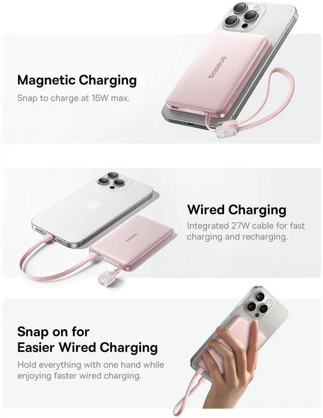 Alt view image 5 of 7 - Picogo Qi2 15W Magsafe Portable Charger, 0.5" Ultra Slim 10000mAh Wireless Power Bank with 27W Built-in USB-C Cable, Magnetic Battery Pack for iPhone 17 Pro Max/17 Pro/Air/16/15/14/13/12
