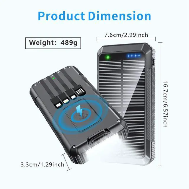 Alt view image 5 of 7 - Solar Power Bank 33800mAh 4 Cables 22.5W Fast Charge Power Bank 7 Outputs & 4 Inputs Solar Portable Charger, Compass/SOS/Strobe/Strong Flashlights (Balck)