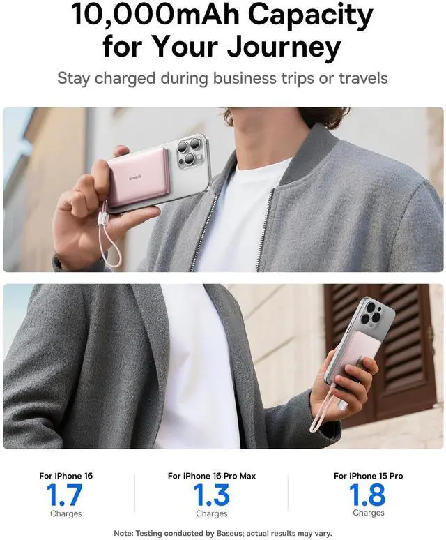Alt view image 7 of 7 - Picogo Qi2 15W Magsafe Portable Charger, 0.5" Ultra Slim 10000mAh Wireless Power Bank with 27W Built-in USB-C Cable, Magnetic Battery Pack for iPhone 17 Pro Max/17 Pro/Air/16/15/14/13/12