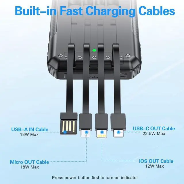Alt view image 4 of 7 - Solar Power Bank 33800mAh 4 Cables 22.5W Fast Charge Power Bank 7 Outputs & 4 Inputs Solar Portable Charger, Compass/SOS/Strobe/Strong Flashlights (Balck)