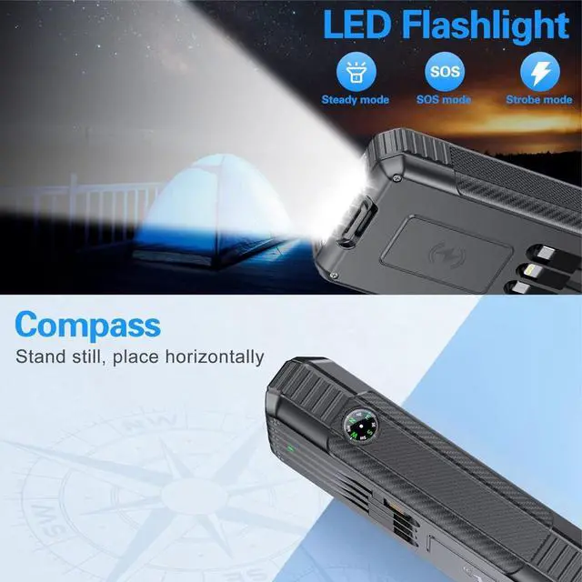 Alt view image 7 of 7 - Solar Power Bank 33800mAh 4 Cables 22.5W Fast Charge Power Bank 7 Outputs & 4 Inputs Solar Portable Charger, Compass/SOS/Strobe/Strong Flashlights (Balck)