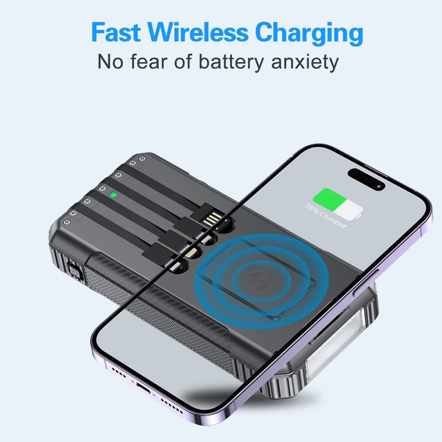 Alt view image 3 of 7 - DJKK Solar Power Bank Wireless Charger 52800mAh Built in 4 Cables and LED Camping Lights 22.5W Fast Charging Power Bank 7 Outputs 4 Inputs Portable Charger Compatible with All Mobile Devices (Black)