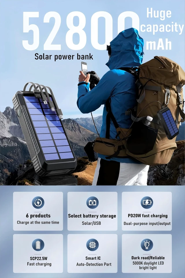 Alt view image 2 of 7 - DJKK Solar Power Bank Wireless Charger 52800mAh Built in 4 Cables and LED Camping Lights 22.5W Fast Charging Power Bank 7 Outputs 4 Inputs Portable Charger Compatible with All Mobile Devices (Black)