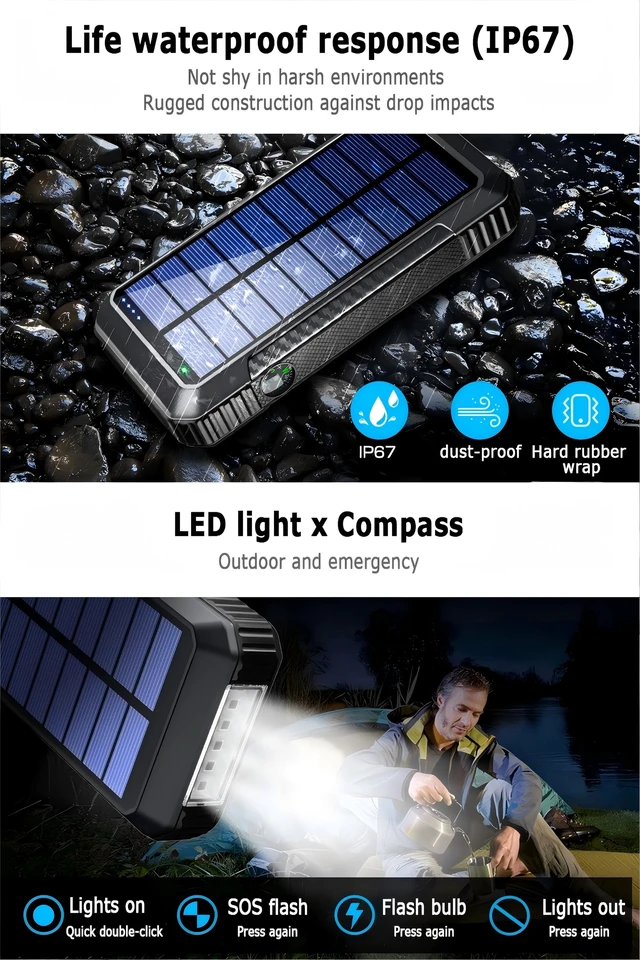 Alt view image 7 of 7 - DJKK Solar Power Bank Wireless Charger 52800mAh Built in 4 Cables and LED Camping Lights 22.5W Fast Charging Power Bank 7 Outputs 4 Inputs Portable Charger Compatible with All Mobile Devices (Black)