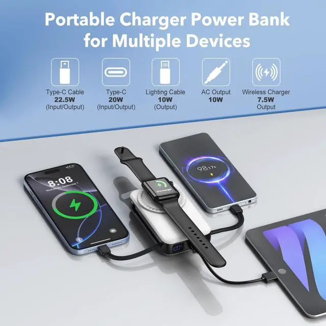 Alt view image 2 of 7 - Magnetic Portable Charger 10000mAh for iPhone with Built-in Cables and Wall Plug,Wireless Power Bank with iWatch Charger,LCD Display 22.5W Fast Charging Battery Pack for iPhone 16/15/14/13/12 (White)