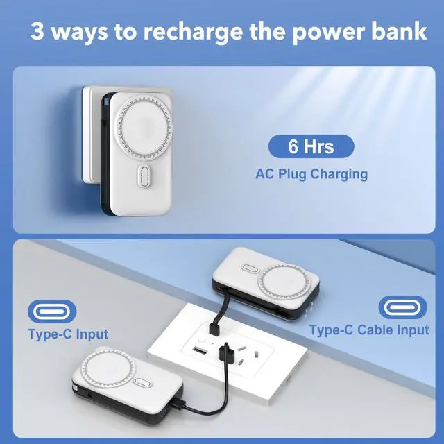 Alt view image 4 of 7 - Magnetic Portable Charger 10000mAh for iPhone with Built-in Cables and Wall Plug,Wireless Power Bank with iWatch Charger,LCD Display 22.5W Fast Charging Battery Pack for iPhone 16/15/14/13/12 (White)