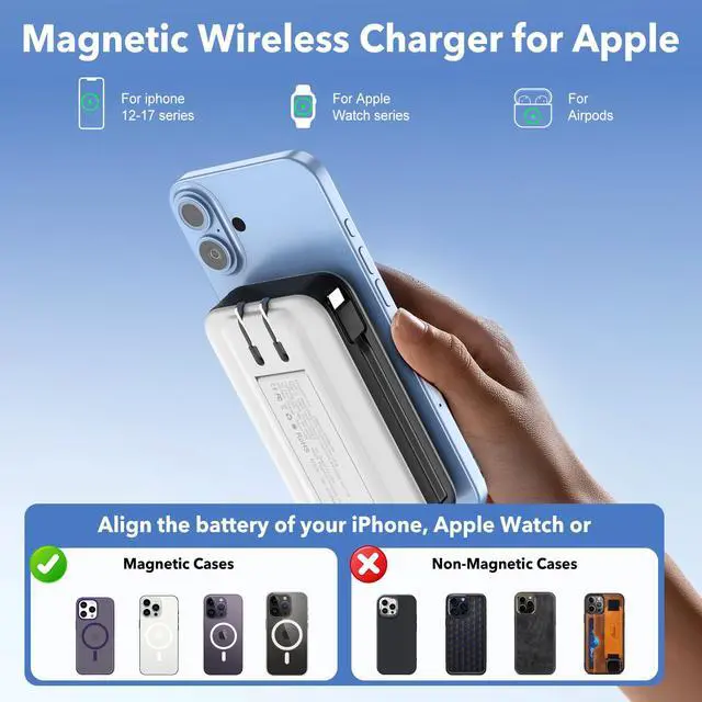 Alt view image 3 of 7 - Magnetic Portable Charger 10000mAh for iPhone with Built-in Cables and Wall Plug,Wireless Power Bank with iWatch Charger,LCD Display 22.5W Fast Charging Battery Pack for iPhone 16/15/14/13/12 (White)