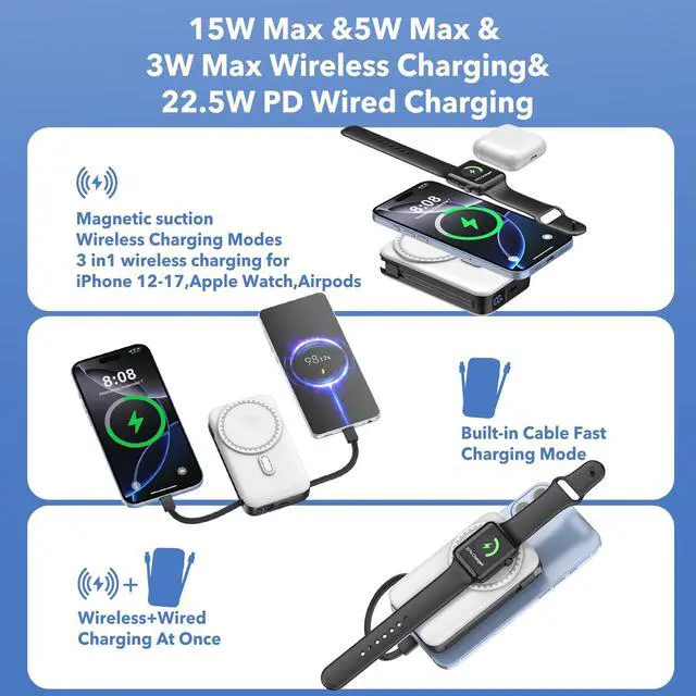Alt view image 5 of 7 - Magnetic Portable Charger 10000mAh for iPhone with Built-in Cables and Wall Plug,Wireless Power Bank with iWatch Charger,LCD Display 22.5W Fast Charging Battery Pack for iPhone 16/15/14/13/12 (White)
