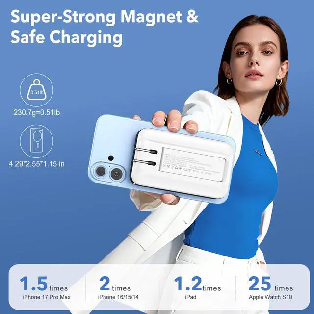 Alt view image 6 of 7 - Magnetic Portable Charger 10000mAh for iPhone with Built-in Cables and Wall Plug,Wireless Power Bank with iWatch Charger,LCD Display 22.5W Fast Charging Battery Pack for iPhone 16/15/14/13/12 (White)