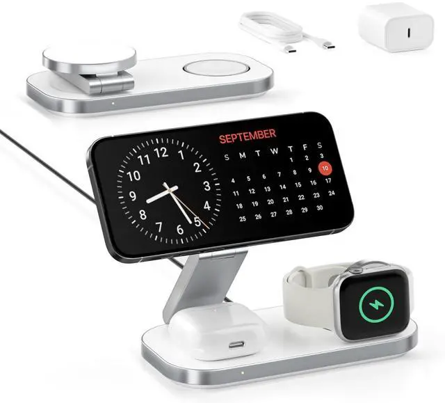 Main image of 3-in-1 Charging Station for Apple Device, Foldable Magnetic Wireless Fast Charger Stand Compatible with MagSafe for iPhone 17e/17/16/15/14/13/12/Air Series, Apple Watch & AirPods-White