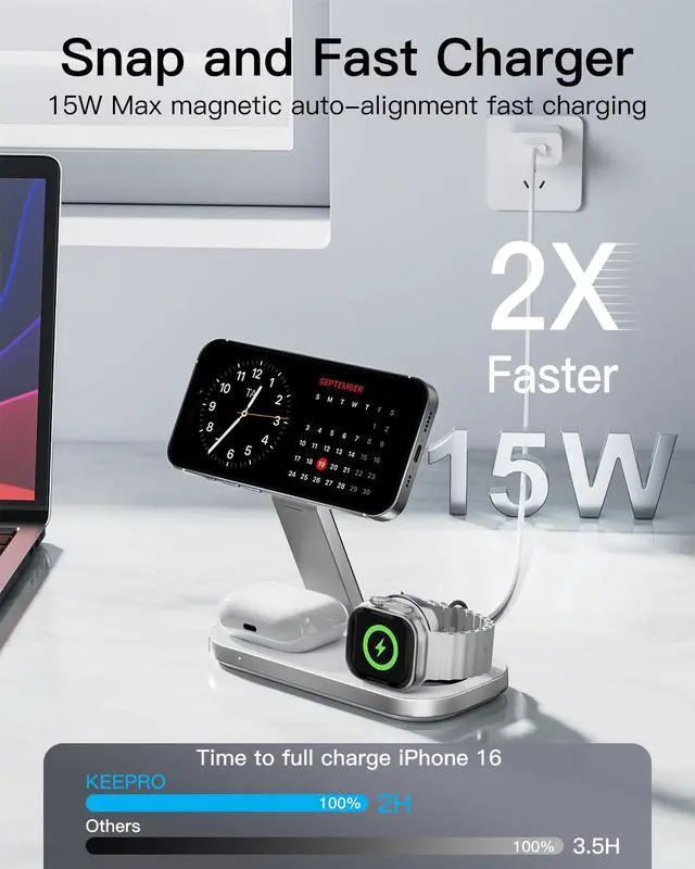 Alt view image 2 of 7 - 3-in-1 Charging Station for Apple Device, Foldable Magnetic Wireless Fast Charger Stand Compatible with MagSafe for iPhone 17e/17/16/15/14/13/12/Air Series, Apple Watch & AirPods-White