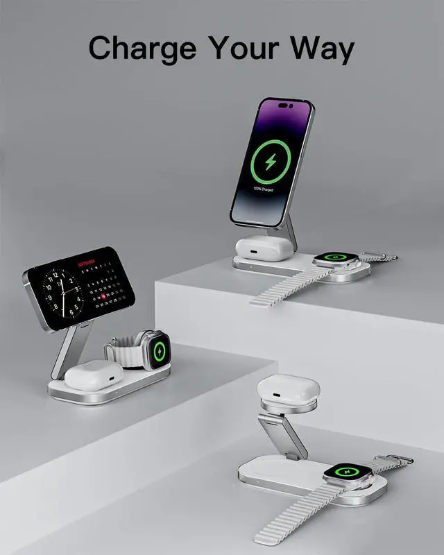 Alt view image 5 of 7 - 3-in-1 Charging Station for Apple Device, Foldable Magnetic Wireless Fast Charger Stand Compatible with MagSafe for iPhone 17e/17/16/15/14/13/12/Air Series, Apple Watch & AirPods-White