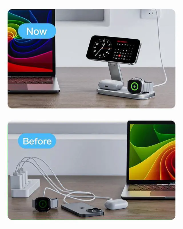 Alt view image 7 of 7 - 3-in-1 Charging Station for Apple Device, Foldable Magnetic Wireless Fast Charger Stand Compatible with MagSafe for iPhone 17e/17/16/15/14/13/12/Air Series, Apple Watch & AirPods-White
