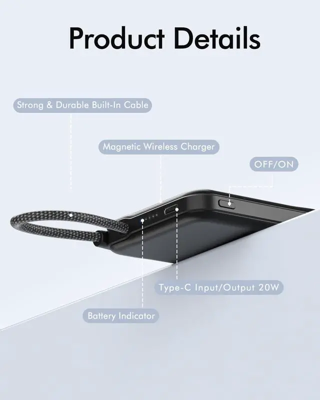 Alt view image 7 of 7 - for Magsafe Power Bank 5000mAh, Slim Magnetic Portable Charger