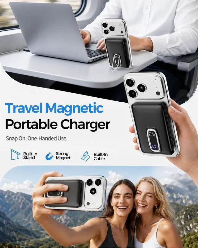 Alt view image 2 of 7 - for MagSafe Power Bank iPhone,Portable Charger with Detachable USB-C Cable