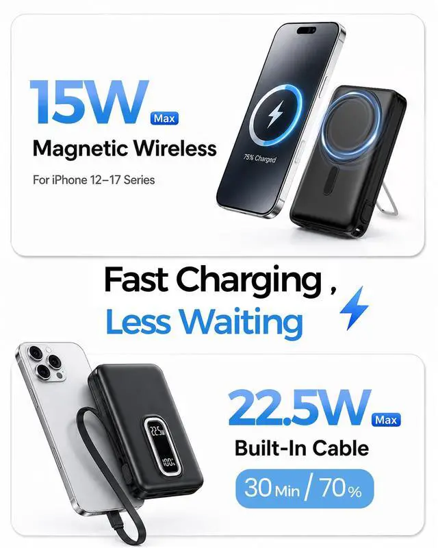 Alt view image 3 of 7 - for MagSafe Power Bank iPhone,Portable Charger with Detachable USB-C Cable
