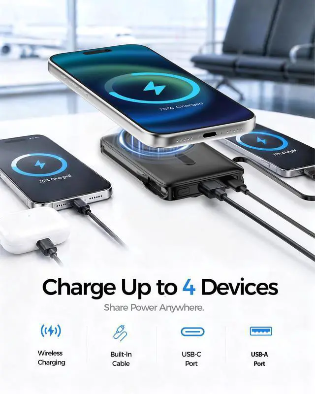 Alt view image 6 of 7 - for MagSafe Power Bank iPhone,Portable Charger with Detachable USB-C Cable