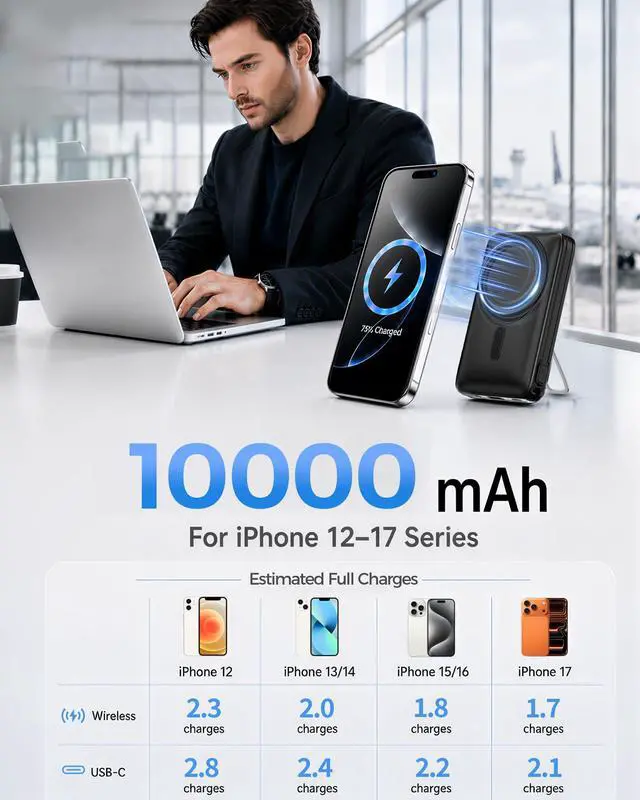Alt view image 7 of 7 - for MagSafe Power Bank iPhone,Portable Charger with Detachable USB-C Cable
