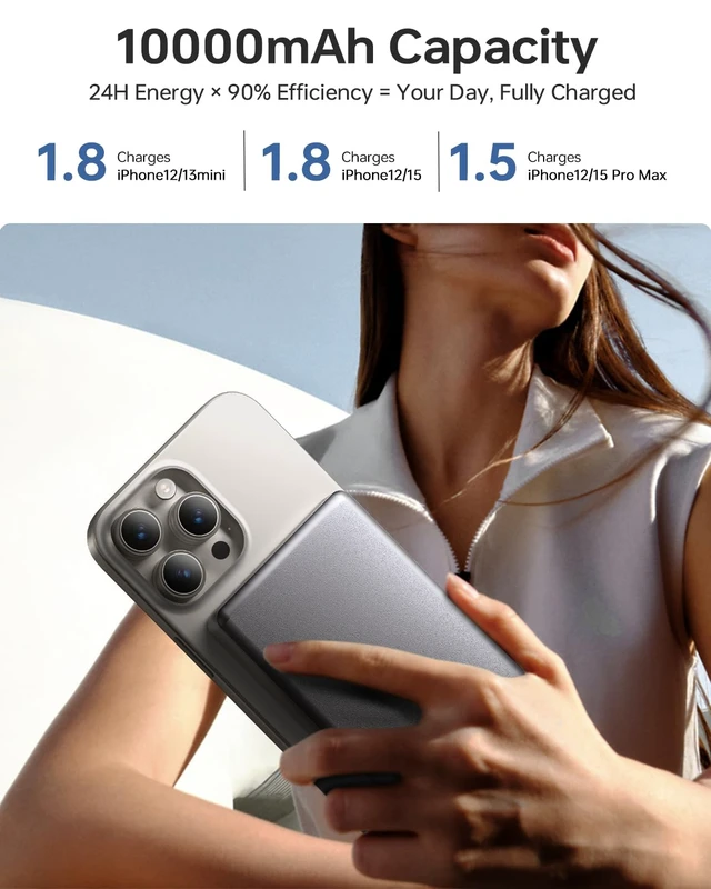 Alt view image 2 of 7 - 10,000mAh for MagSafe Power Bank Ultra-Slim Fast Charging for Travel | Magnetic Wireless Charger with USB-C Cable, Portable Battery Pack for iPhone 17 Pro Max/17 Pro/Air/16/15/14/13, Space Grey