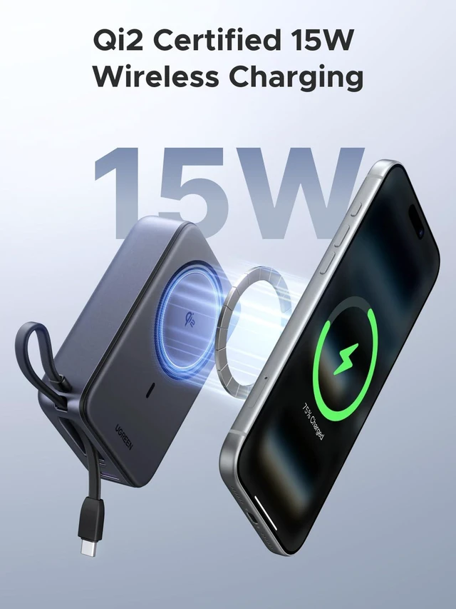 Alt view image 2 of 7 - UGREEN 20000mAh Qi2 15W Power Bank, Built-in Cable PD 30W for iPhone 18 Pro | Built-in USB-C cable, Qi2 15W wireless & 30W PD wired. Compatible with iPhone 18 Pro/15 & Galaxy series.