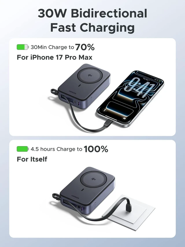 Alt view image 3 of 7 - UGREEN 20000mAh Qi2 15W Power Bank, Built-in Cable PD 30W for iPhone 18 Pro | Built-in USB-C cable, Qi2 15W wireless & 30W PD wired. Compatible with iPhone 18 Pro/15 & Galaxy series.