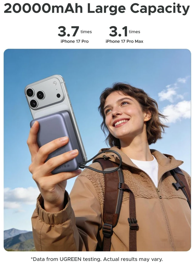Alt view image 6 of 7 - UGREEN 20000mAh Qi2 15W Power Bank, Built-in Cable PD 30W for iPhone 18 Pro | Built-in USB-C cable, Qi2 15W wireless & 30W PD wired. Compatible with iPhone 18 Pro/15 & Galaxy series.