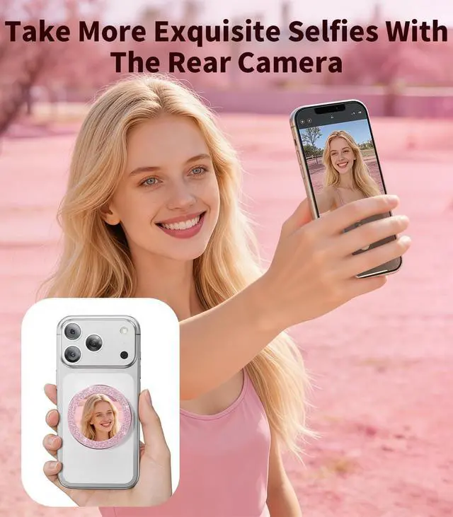 Alt view image 2 of 7 - Portable Double-Sided Magnetic Phone Holder with Mirror, for Magnetic Phone GripFoldable and AdjustableFit for iPhone 17/16/15/14 Pro Max Air, Android Smartphone Accessories Pink