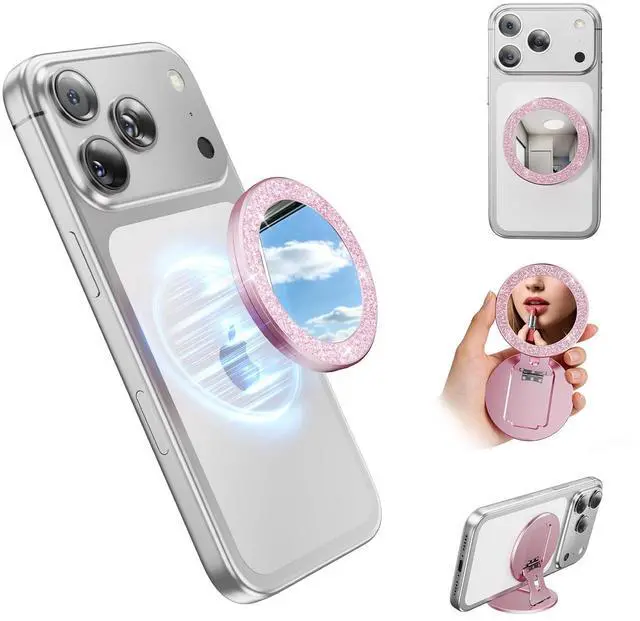 Main image of Portable Double-Sided Magnetic Phone Holder with Mirror, for Magnetic Phone GripFoldable and AdjustableFit for iPhone 17/16/15/14 Pro Max Air, Android Smartphone Accessories Pink