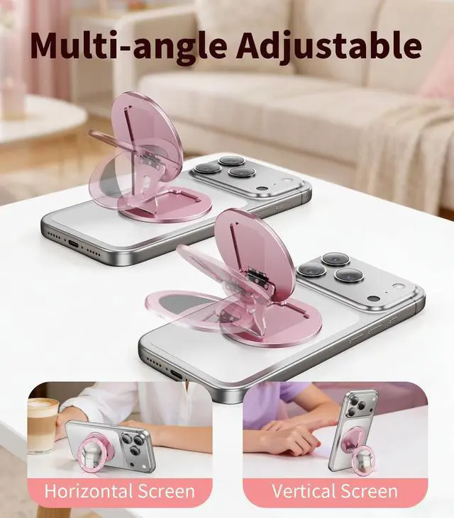 Alt view image 3 of 7 - Portable Double-Sided Magnetic Phone Holder with Mirror, for Magnetic Phone GripFoldable and AdjustableFit for iPhone 17/16/15/14 Pro Max Air, Android Smartphone Accessories Pink