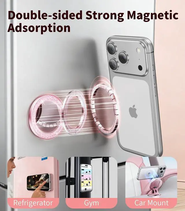 Alt view image 4 of 7 - Portable Double-Sided Magnetic Phone Holder with Mirror, for Magnetic Phone GripFoldable and AdjustableFit for iPhone 17/16/15/14 Pro Max Air, Android Smartphone Accessories Pink