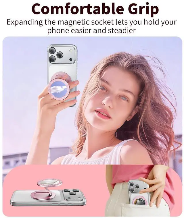 Alt view image 5 of 7 - Portable Double-Sided Magnetic Phone Holder with Mirror, for Magnetic Phone GripFoldable and AdjustableFit for iPhone 17/16/15/14 Pro Max Air, Android Smartphone Accessories Pink