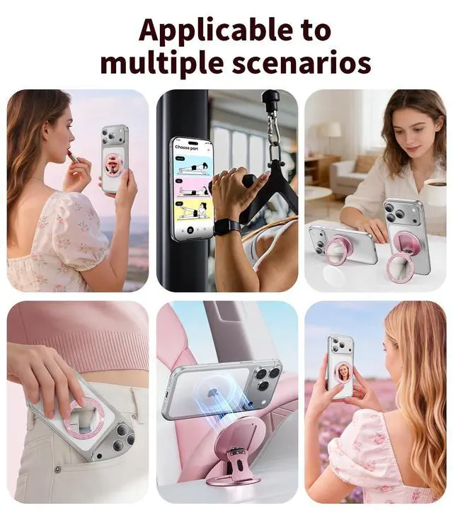 Alt view image 6 of 7 - Portable Double-Sided Magnetic Phone Holder with Mirror, for Magnetic Phone GripFoldable and AdjustableFit for iPhone 17/16/15/14 Pro Max Air, Android Smartphone Accessories Pink
