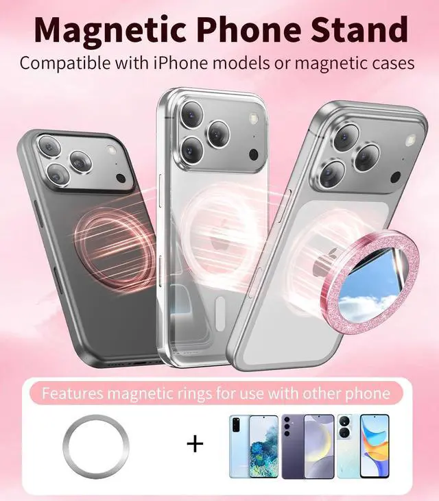 Alt view image 7 of 7 - Portable Double-Sided Magnetic Phone Holder with Mirror, for Magnetic Phone GripFoldable and AdjustableFit for iPhone 17/16/15/14 Pro Max Air, Android Smartphone Accessories Pink