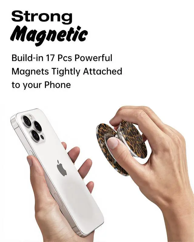Alt view image 5 of 7 - Magnetic Phone Grip Compatible with Magsafe Phone Grip Holder, Collapsible Cheetah Print Mag Safe Cellphone Grips Kickstand, Cute Leopard Stand for iPhone Samsung Android, Brown Fall