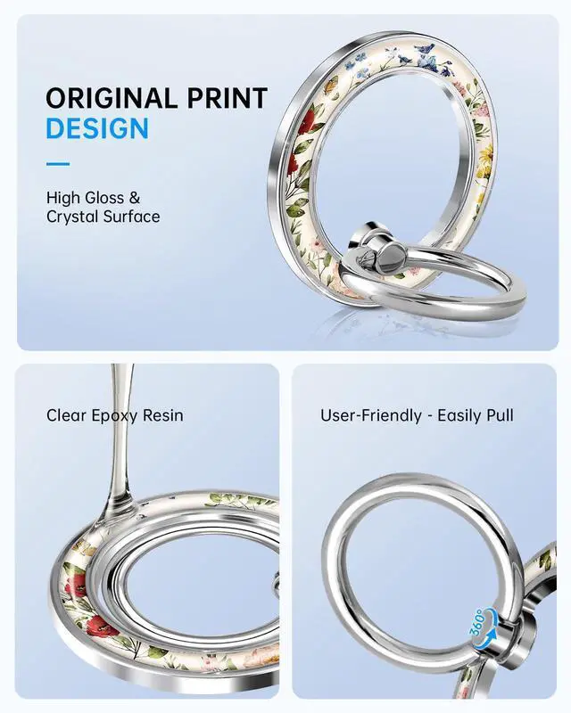 Alt view image 3 of 6 - Magnetic Phone Ring Holder with MagSafe - Magnetic Phone Grip MagSafe Ring Holder Magnet Removable Cell Phone Stand Cute Stylish Accessories for iPhone 17 16 15 14 13 12 Series, Vintage Flower
