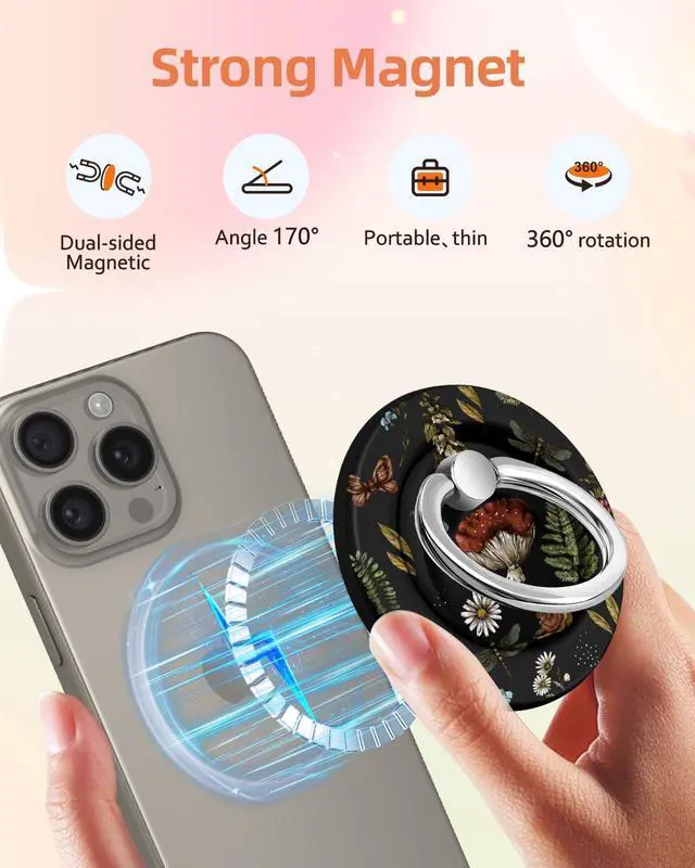 Alt view image 2 of 6 - for Magnetic Phone Ring Holder Compatible with MagSafe for Women Girls - Cute Mushroom Design Magnet Phone Grip Ring Stand Kickstand for iPhone 17/16 Pro Max/16 Pro/16/15/14/13/12 Series