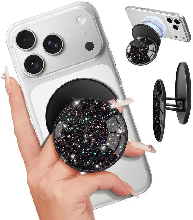 Main image of Magnetic Phone Grip for MagSafe Magnetic Cell Phone Stand Magnet Removable Kickstand Finger Ring Holder Cute Stylish Decorative Accessories for iPhone 17/16/15/14/13/12 Series, Glitter Black