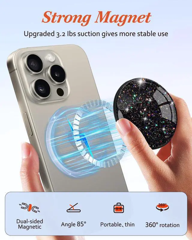 Alt view image 3 of 6 - Magnetic Phone Grip for MagSafe Magnetic Cell Phone Stand Magnet Removable Kickstand Finger Ring Holder Cute Stylish Decorative Accessories for iPhone 17/16/15/14/13/12 Series, Glitter Black