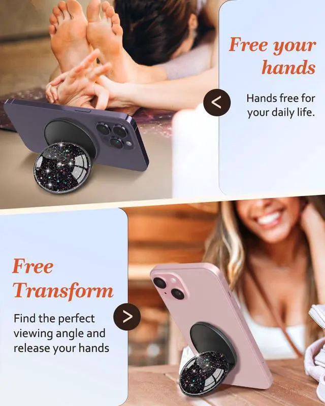 Alt view image 4 of 6 - Magnetic Phone Grip for MagSafe Magnetic Cell Phone Stand Magnet Removable Kickstand Finger Ring Holder Cute Stylish Decorative Accessories for iPhone 17/16/15/14/13/12 Series, Glitter Black