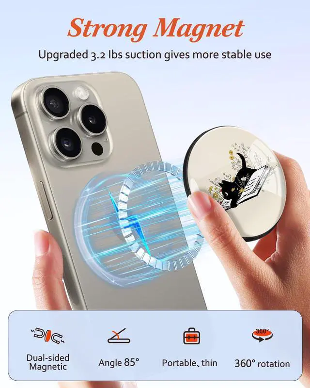 Alt view image 3 of 6 - Magnetic Phone Grip Compatible with MagSafe - Magnet Phone Grip Stand Magnetic Removable Finger Ring Holder Kickstand Cute Magnet Accessories for iPhone 17 16 15 14 13 12 Series, Cat Book
