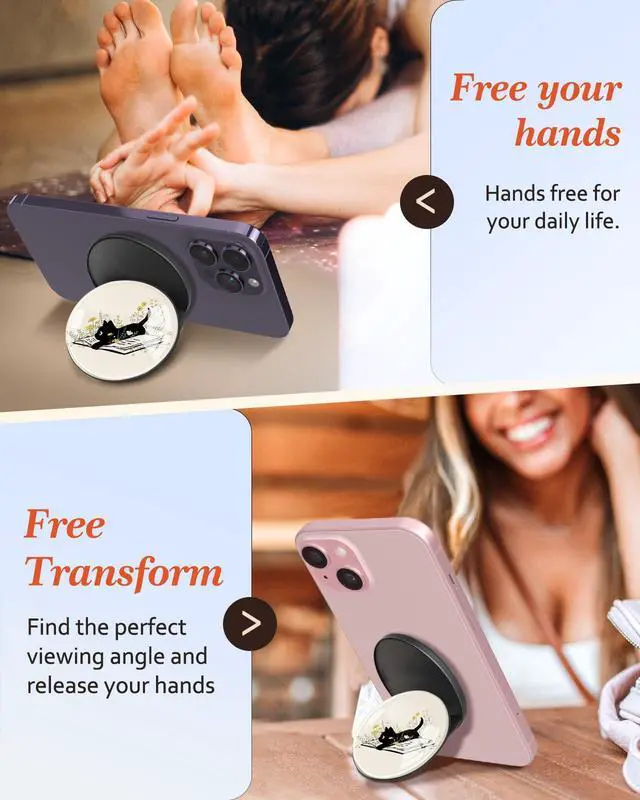 Alt view image 4 of 6 - Magnetic Phone Grip Compatible with MagSafe - Magnet Phone Grip Stand Magnetic Removable Finger Ring Holder Kickstand Cute Magnet Accessories for iPhone 17 16 15 14 13 12 Series, Cat Book