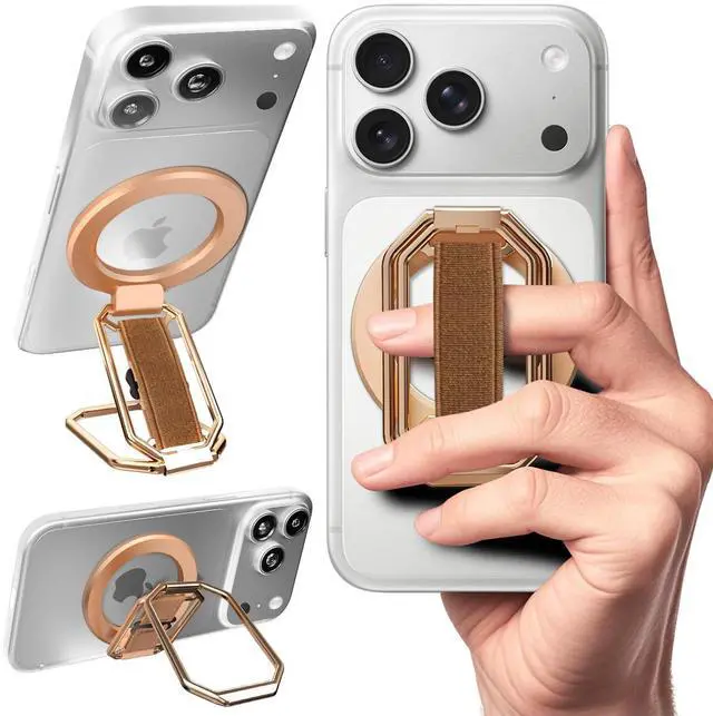 Main image of Multi-Functional Magnetic Phone Grip Kickstand for MagSafe, Phone Holder for Hand, Foldable Ring Stand with Finger Loop Strap for Bedtime Scrolling & On-the-Go, Wireless Charging Compatible, Rose Gold