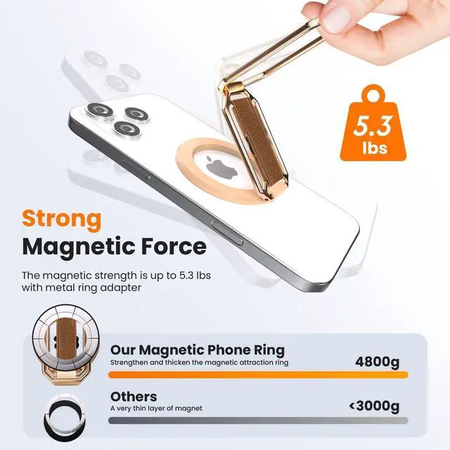 Alt view image 2 of 7 - Multi-Functional Magnetic Phone Grip Kickstand for MagSafe, Phone Holder for Hand, Foldable Ring Stand with Finger Loop Strap for Bedtime Scrolling & On-the-Go, Wireless Charging Compatible, Rose Gold